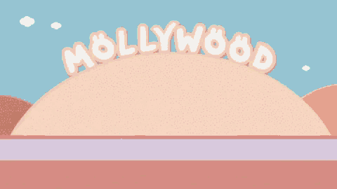 a cartoon character is driving a green car in front of a sign that says mollywood
