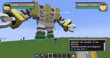 a screenshot of a video game shows a robot named joltik and regigigas