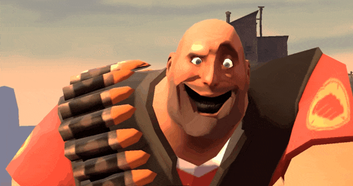 a cartoon character with a huge smile on his face and a huge belt of bullets