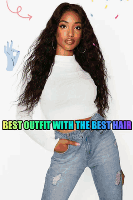 a woman with long hair is wearing a white top and jeans