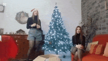 two women standing next to a christmas tree in a living room