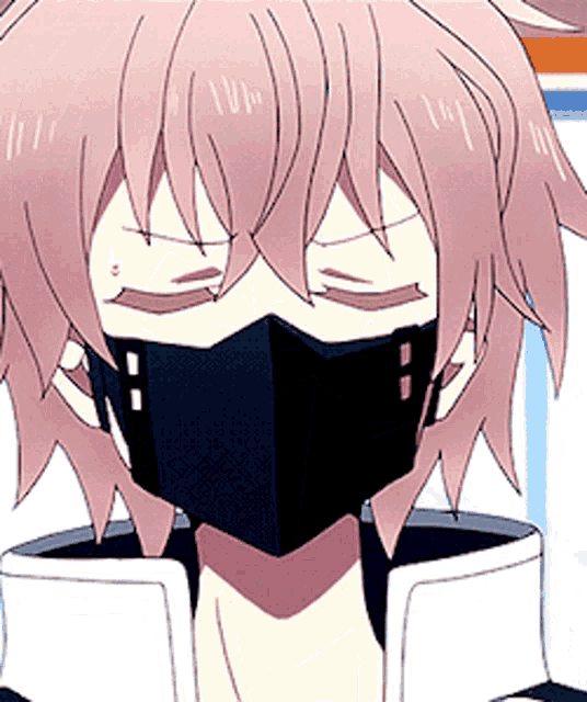 a girl with pink hair wearing a black mask