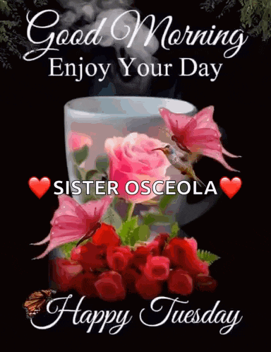 a picture of a cup of coffee with pink roses and butterflies and the words good morning enjoy your day sister osceola happy tuesday