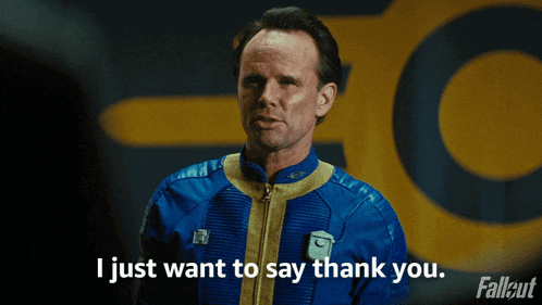 a man says i just want to say thank you in front of a fallout sign