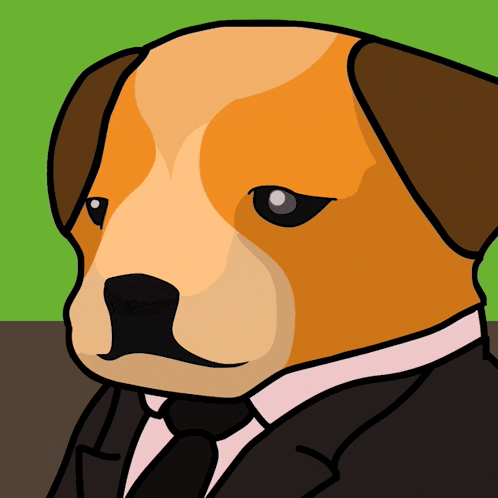 a cartoon dog wearing a black suit and tie