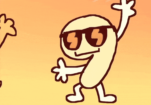 a cartoon character wearing sunglasses stands next to a purple character