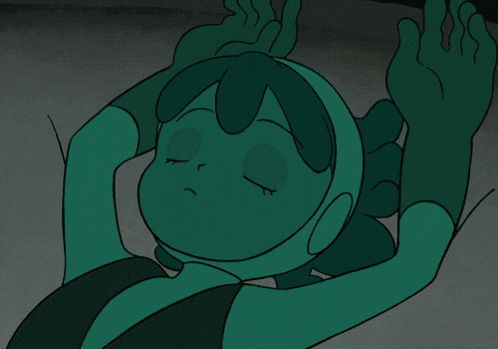 a green cartoon character is surrounded by a bunch of green triangles