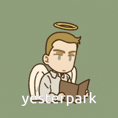 a cartoon of a man with wings reading a book with the word yesterpark below him