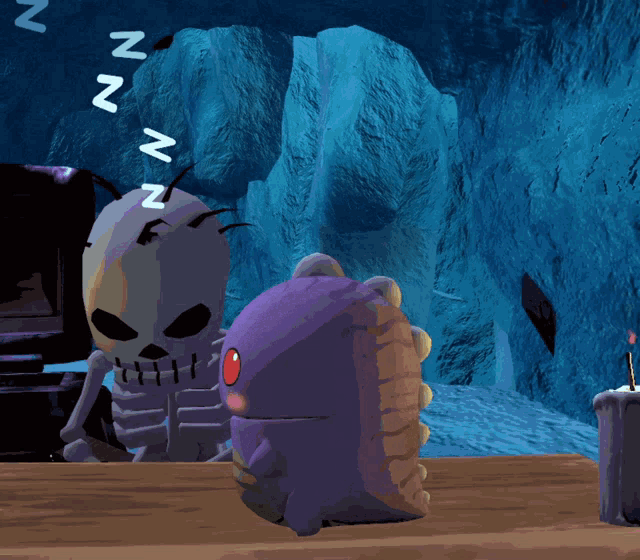 a cartoon of a skeleton sleeping next to a purple monster and a candle
