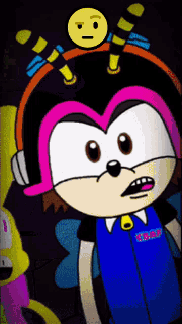 a cartoon character wearing overalls and headphones has a smiley face on top of his head