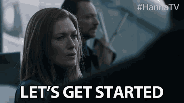 a woman says let 's get started in front of a computer