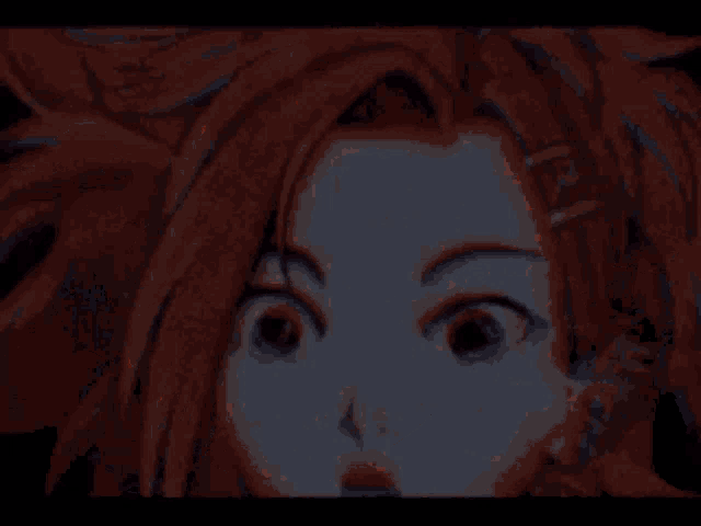 a pixel art drawing of a woman with red hair and green eyes