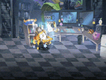 a cartoon character in a room with var 1 and var 2 displayed
