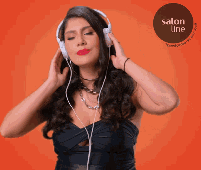 a woman wearing headphones with a salon line logo in the corner