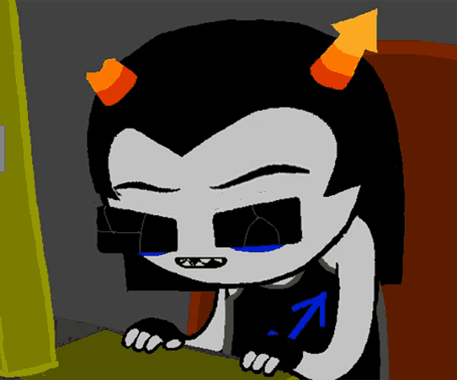 a cartoon character with horns and a blue arrow on her shirt