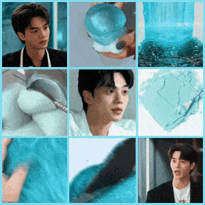a collage of images of a young man with blue nails