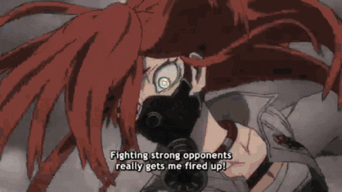 a cartoon character with red hair is wearing a gas mask and says fighting strong opponents really gets me fired up
