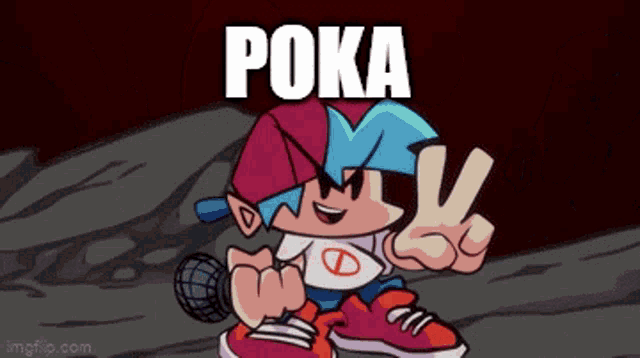 a cartoon character is giving a peace sign while holding a microphone and the word poka is above him .