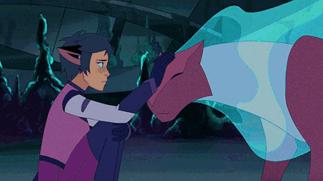a cartoon of a girl hugging a purple cat
