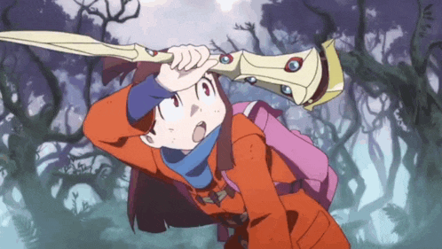 a girl with a backpack is holding a sword in her hand