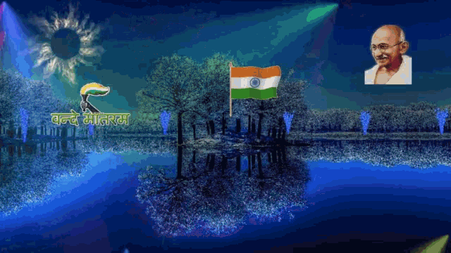 a picture of mahatma gandhi with a flag in front of a lake