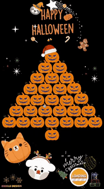 a christmas tree made out of pumpkins with the words happy halloween on top