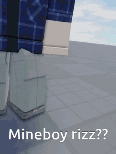 a video game character is standing on a tiled floor and says mineboy rizz??