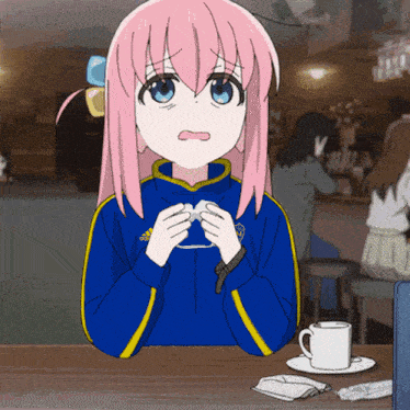 a girl with pink hair wearing a blue adidas jacket