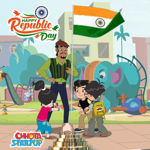 a cartoon of a man holding a flag with the words happy republic day behind him