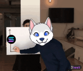 a person wearing a husky mask holding a white board
