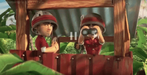 two cartoon characters are looking through binoculars while standing in a wooden fence .