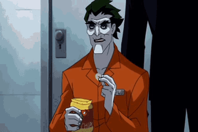 the joker is holding a jar of chips in his hands