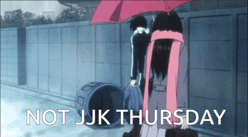 a man and a woman walking in the rain with the words not jjk thursday