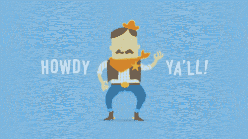 a cartoon of a cowboy with the words howdy ya 'll