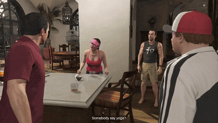 a video game scene where a woman says somebody say yoga