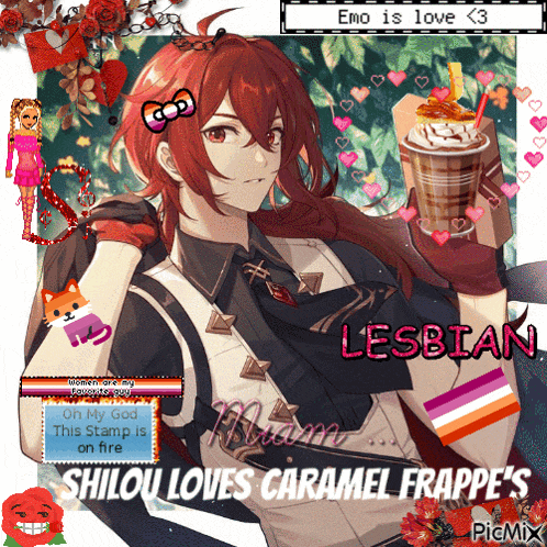 a picture of a girl with red hair holding a cup of coffee with the words lesbian written on it
