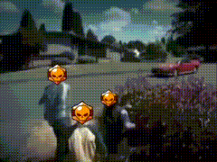 a group of people standing on the side of a road with skulls on them .