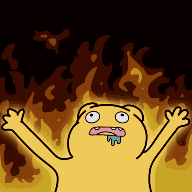 a cartoon of a person with flames behind him