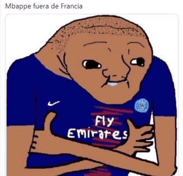 a cartoon of a man wearing a blue shirt that says fly emirates .