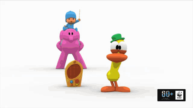 a cartoon duck wearing a green hat is standing next to a remote control
