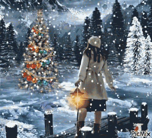 a woman is holding a lantern in front of a christmas tree in the snow