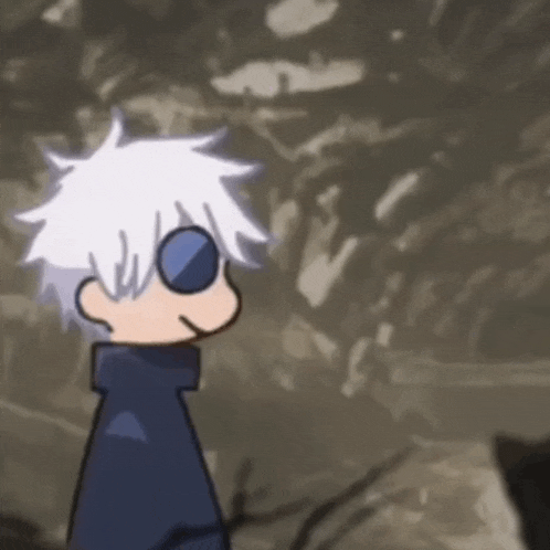 a cartoon character with white hair and blue glasses is standing in the dark .