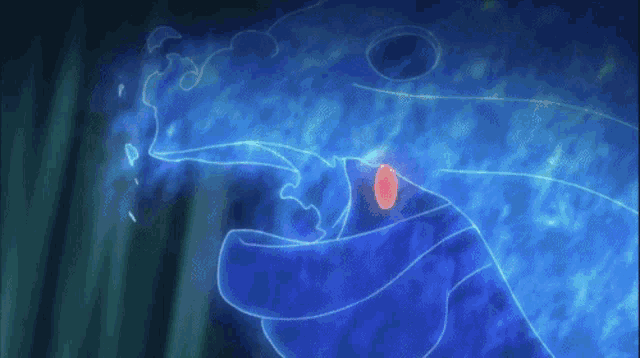 a blue background with a drawing of a dragon with a red tongue sticking out