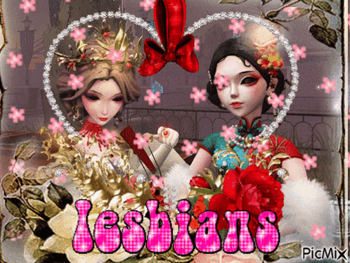 a picture of two dolls with the word lesbians on it