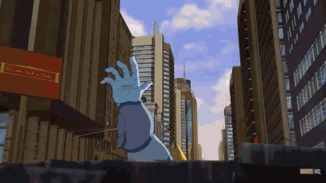 a cartoon drawing of a city with a sign that says ' marvel hq ' at the bottom