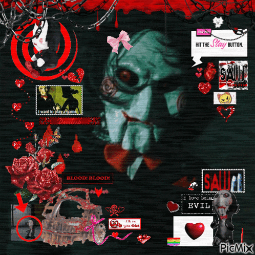 a collage of images including a picture of a saw puppet