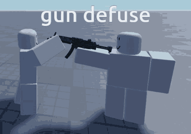 two roblox characters standing next to each other with the words gun defuse written on the bottom