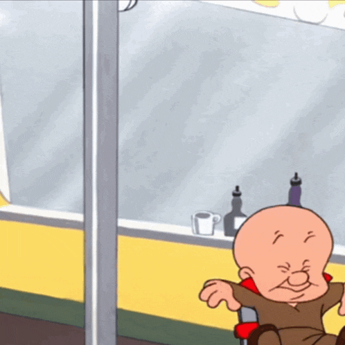 a bald cartoon character is sitting in a chair