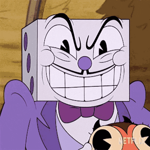 a cartoon character with a box on his head and a purple bow tie .