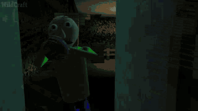 a cartoon character in a green shirt is standing in a dark room